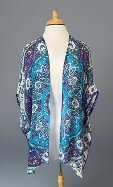 Chicos L/XL Ikat Floral 100% Linen Cover-Up Cardigan Resort Beach Boho Coastal